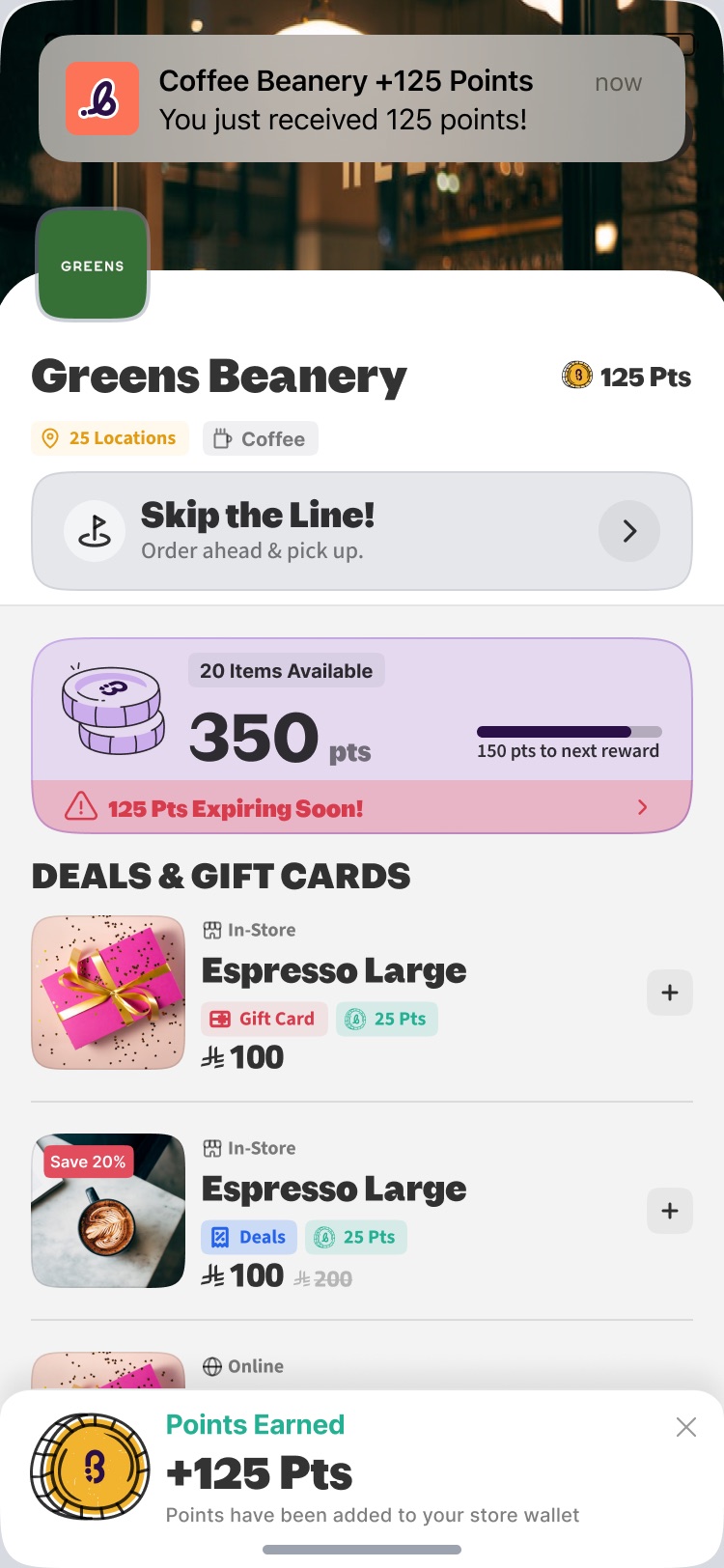 Bonat store page for Greens Beanery with a Points Earned toast for 125 points