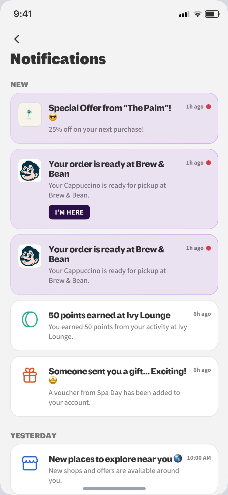 Bonat notifications with offers, ready orders and points earned