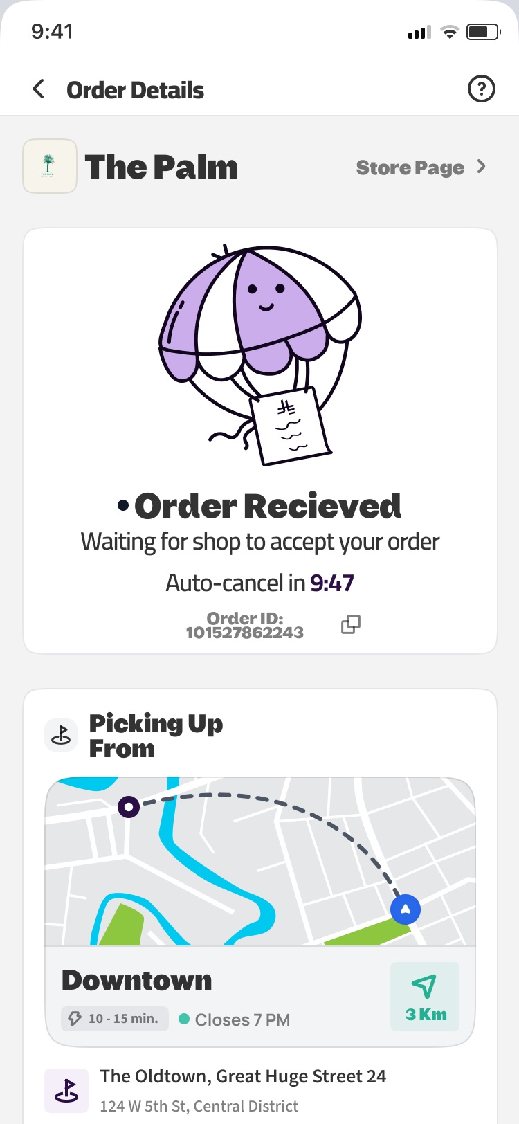 Bonat pickup order details, waiting for the shop to accept the order